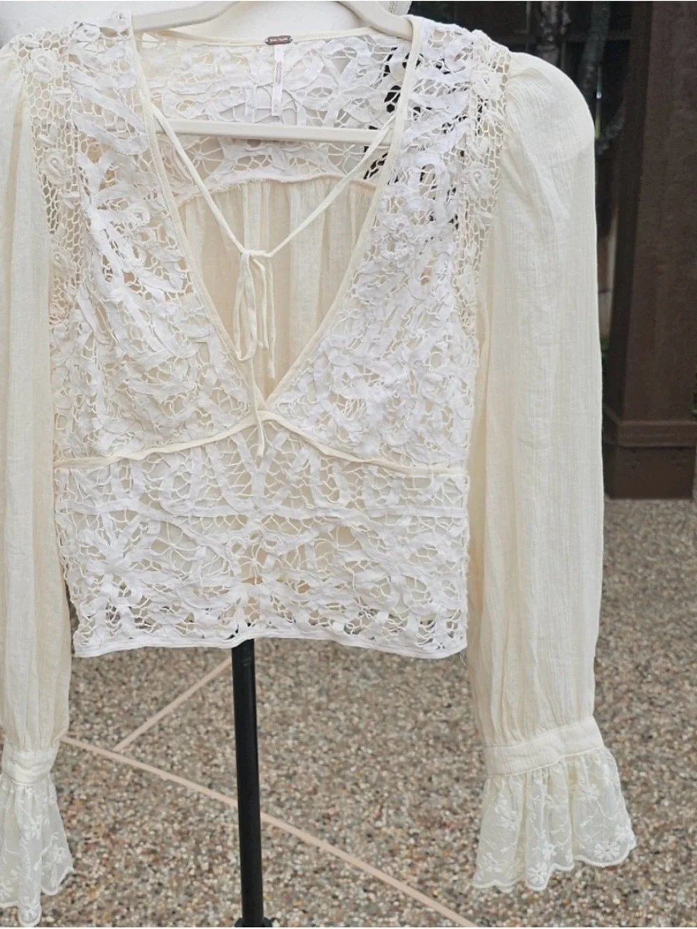 Free People Sorelle Crochet Lace Boho Crop Blouse Top Ivory Cream Medium